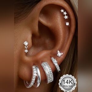 14K White Gold Pavé CZ Huggie & Stud Earring Set